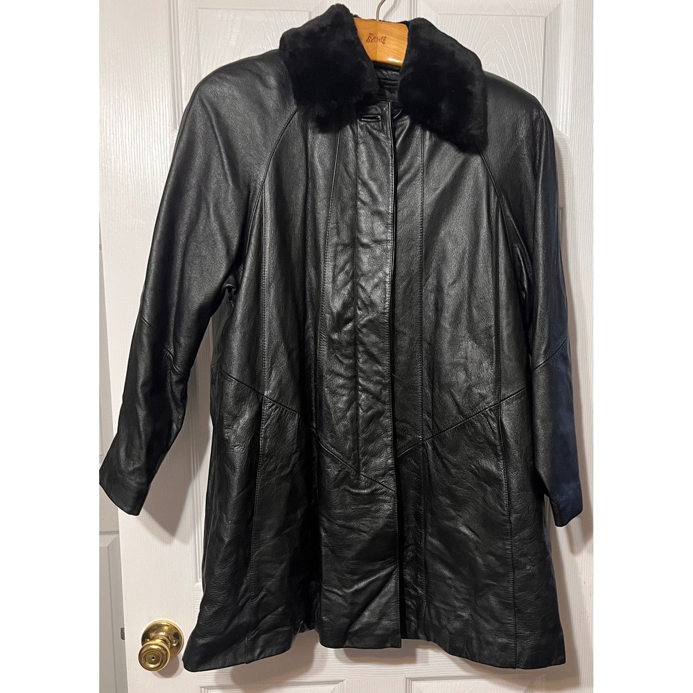 Wilsons Vintage Black Leather Car Coat Faux Fur Collar Zip Out Liner Womens Med